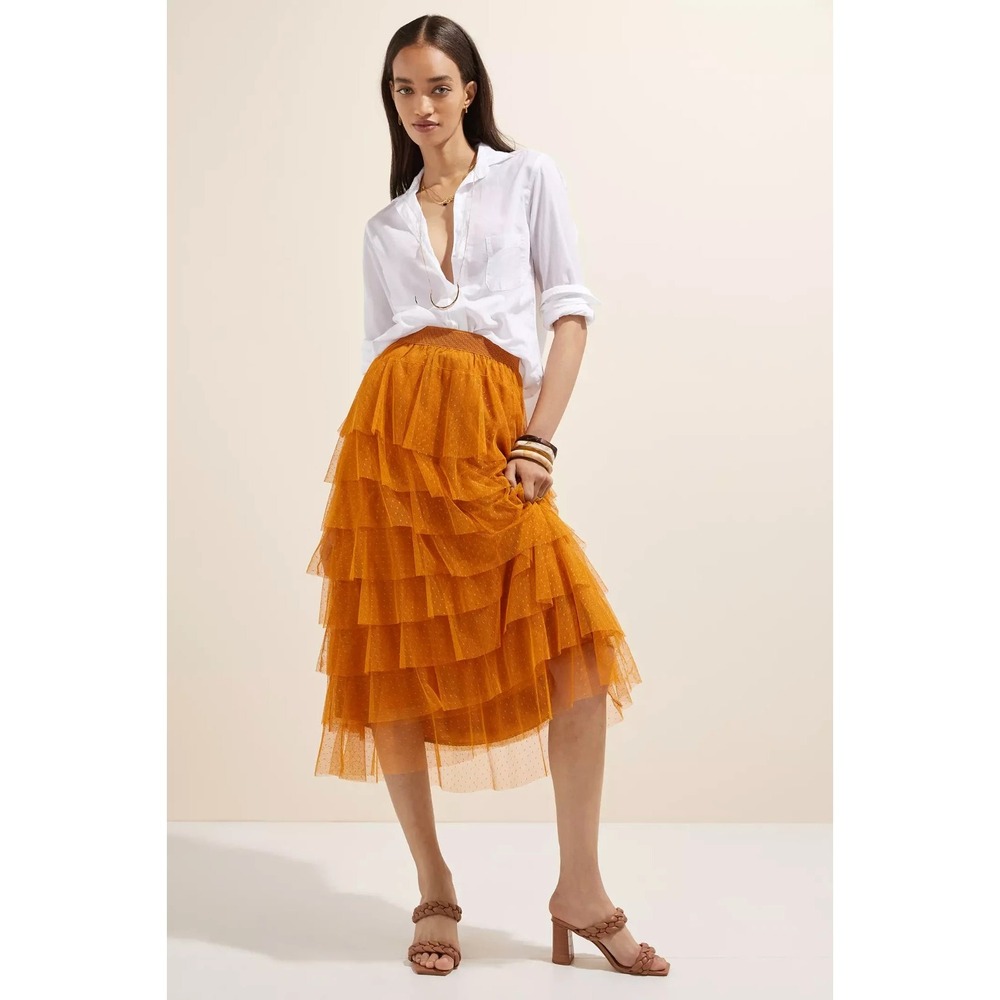 Anthropologie Tiered Tulle Maxi/Midi Skirt Mustard Point D'Esprit Dotted Mesh M - Picture 2 of 6